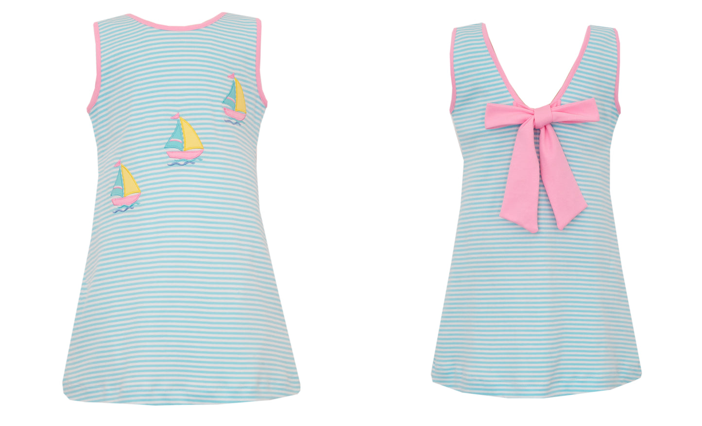 Sailboats Girl's Turq. Knit Stripe Sleeveless Dres w/Pink Bow 5008D