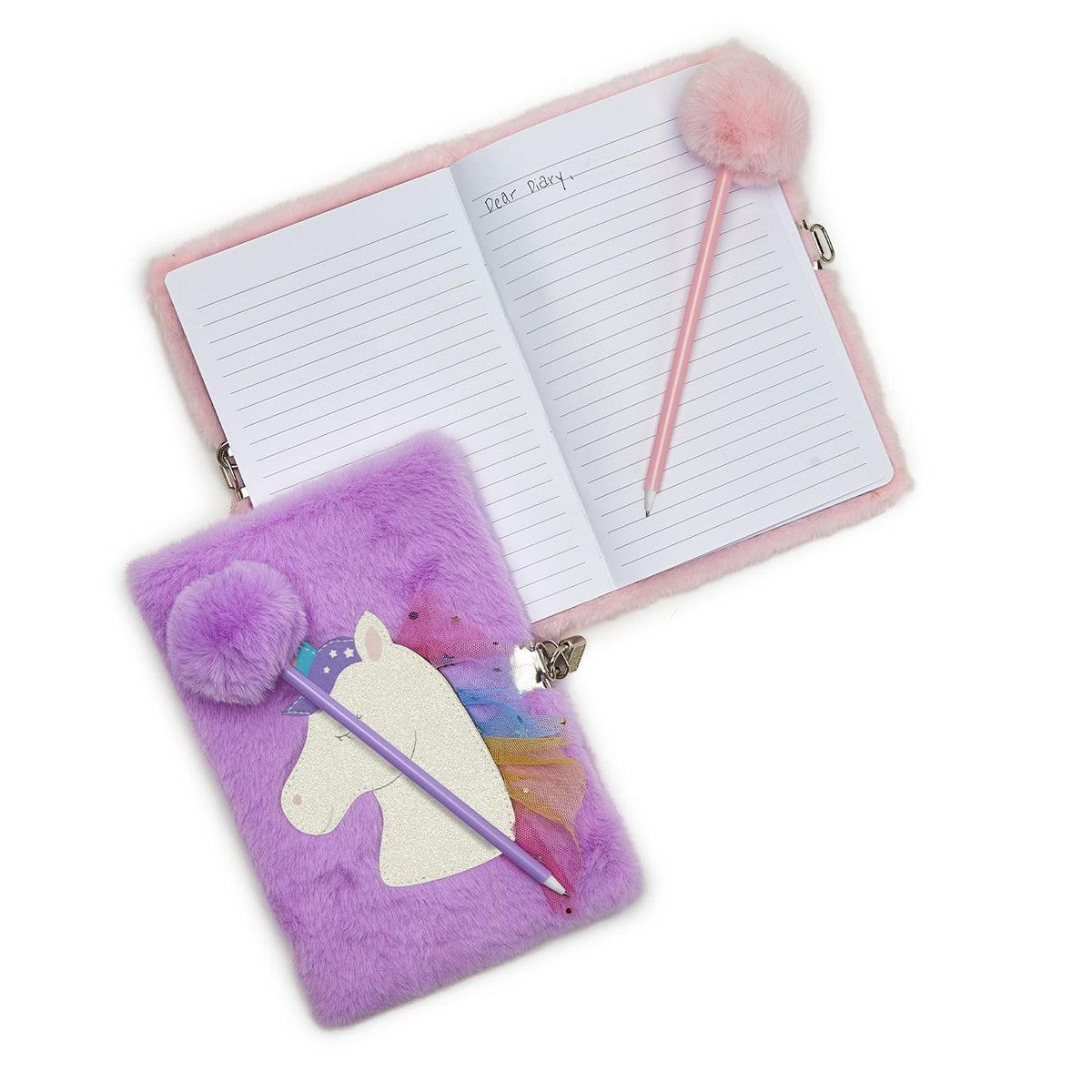 Glitter Unicorn Journal with Lock and Pom Pom Pen