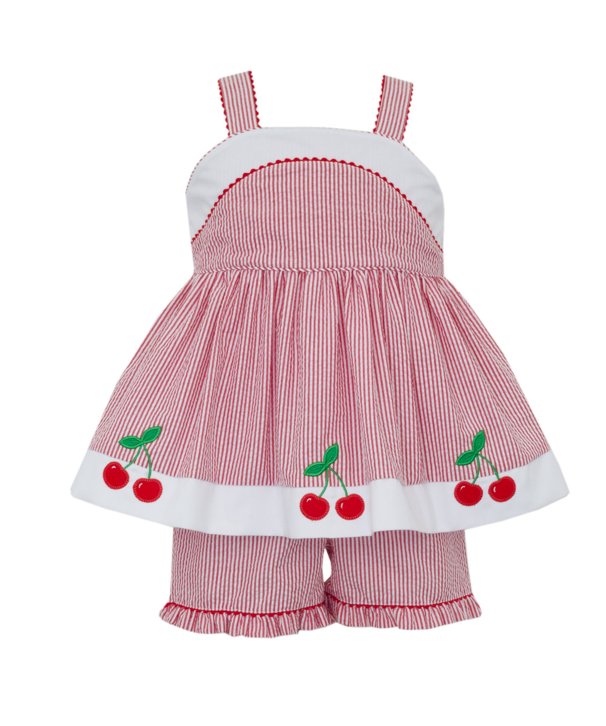 Cherry Red Seersucker Stripe Strap Short Set