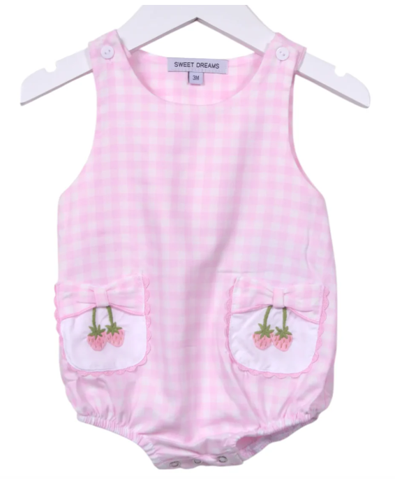 Strawberry Embroidered Pink Gingham Bubble