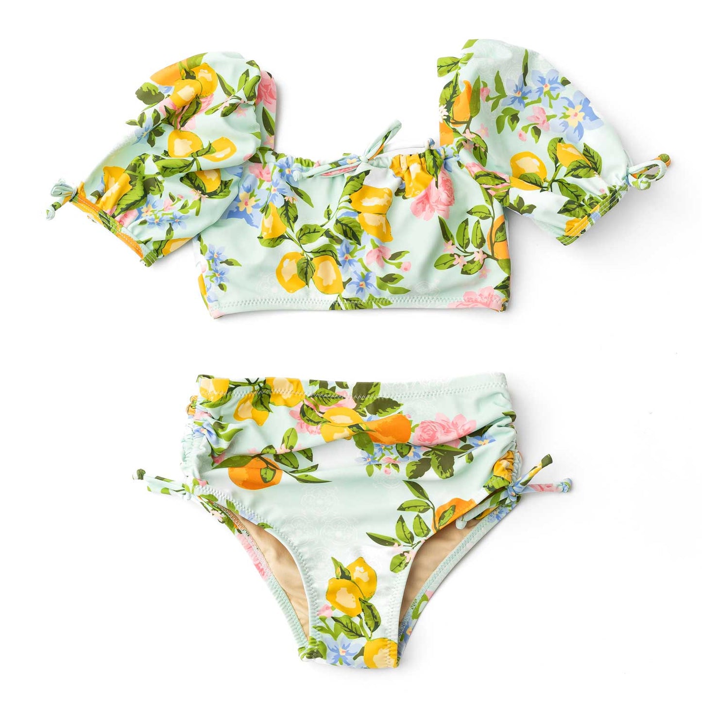 Sweet Citrus Cinched Puff Sleeve Two Piece Swim