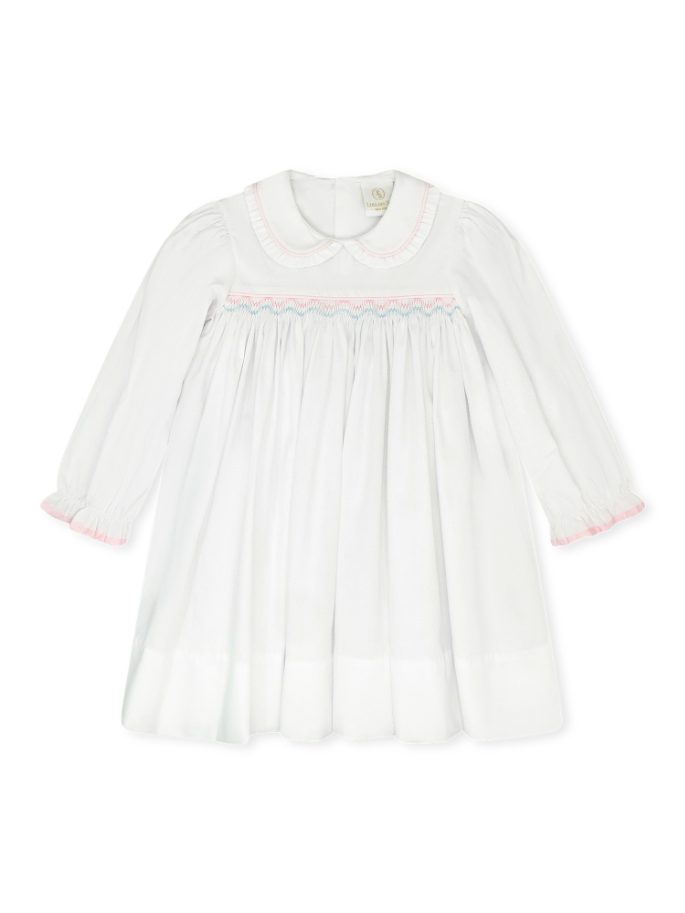 Michelle Dress - Willow White Pique w/Baby Pink + Blue Smocking