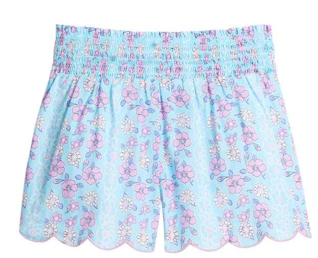Shirred Scallop Shorts - Marguerite Floral Aqua