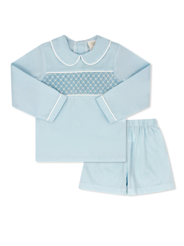 Liam Short Set - Birmingham Blue Pique, White Smocking
