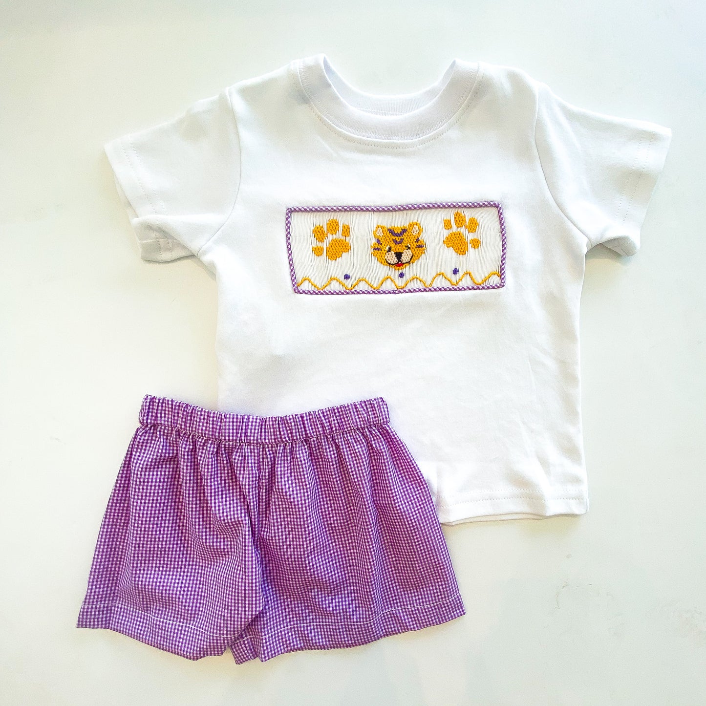 Smocked Boy Short Set - Purple/Gold