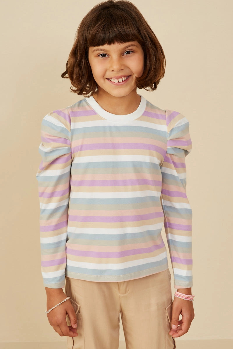 Multicolor Stripe Puff Shoulder Knit Top - Lavender Mix - Tween