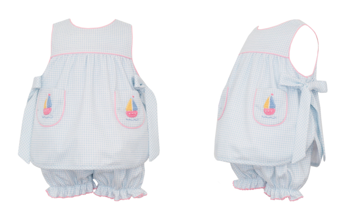Sailboats Girl's Lt. Blue Knit Gingham S/L Bloomer Set w/ Side Bows