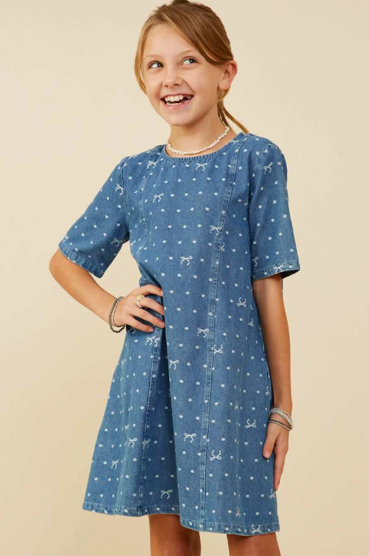 Polka Dot and Bow Print Denim Dress - Tween