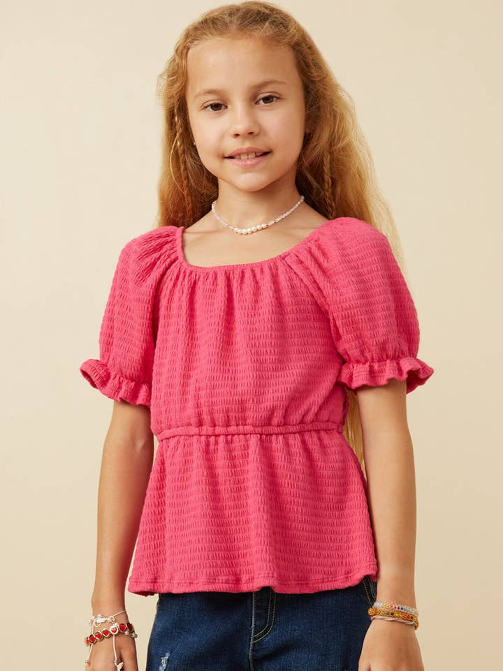 Fuschia Smocked Textured Knit Cinch Sleeve Babydoll Top