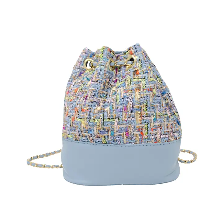 Tweed Drawstring Backpack Bag - Blue - Tween