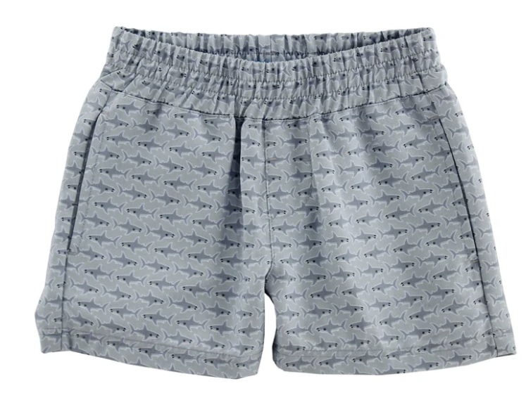 Printed Pull On Short - Sharks On Grey