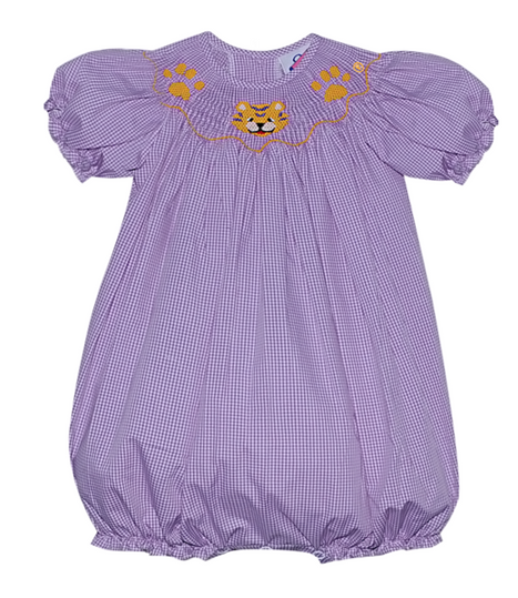 Smocked Bishop Girl Bubble - Purple and Gold