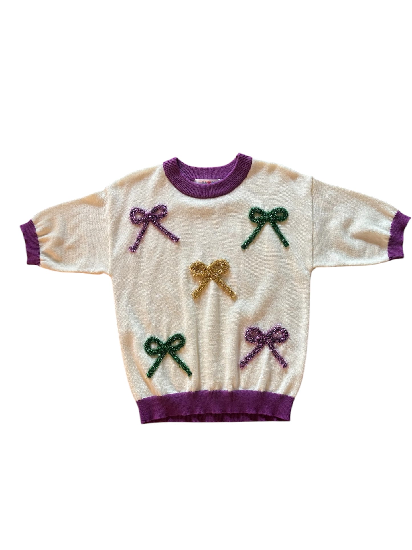 Mardi Gras Bow Short Sleeve Sweater Top