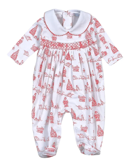 Red Christmas Toile Hand Smocked Footie