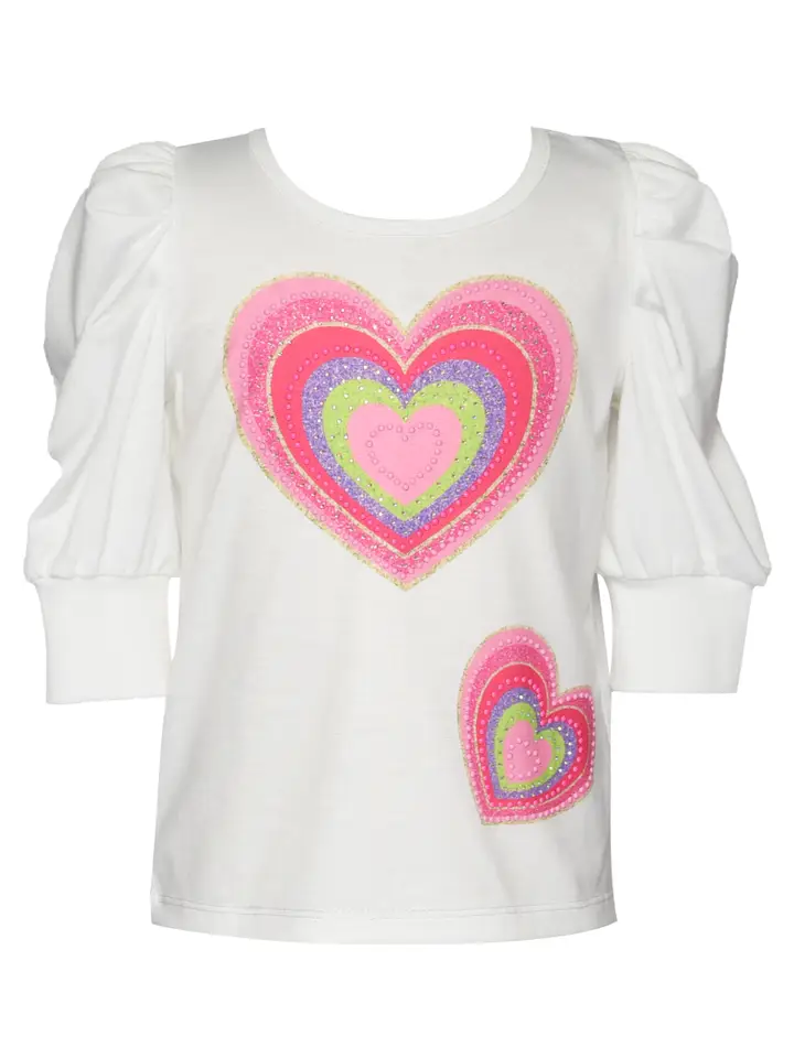 Heart Print Top w/ Pleated Sleeve Detail - Tween