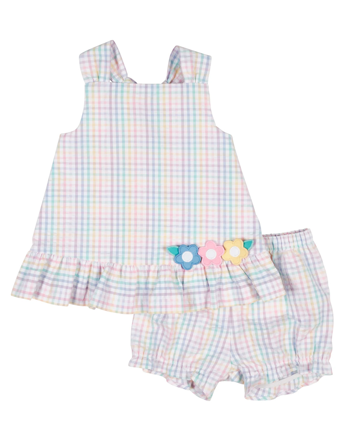 Plaid Seersucker Dress And Bloomer With Flowers C6407