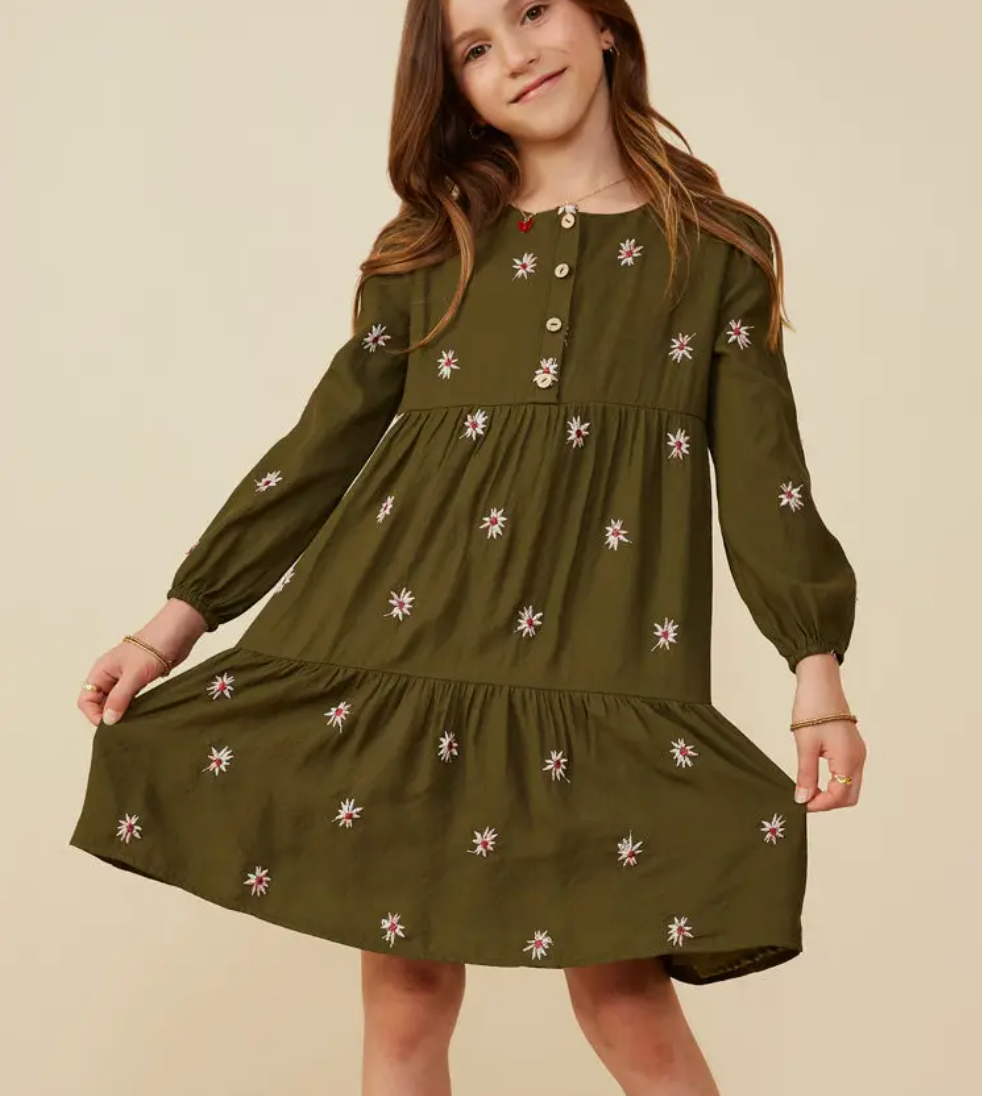 Embroidered Ditsy Floral Buttoned Dress Olive - Tween