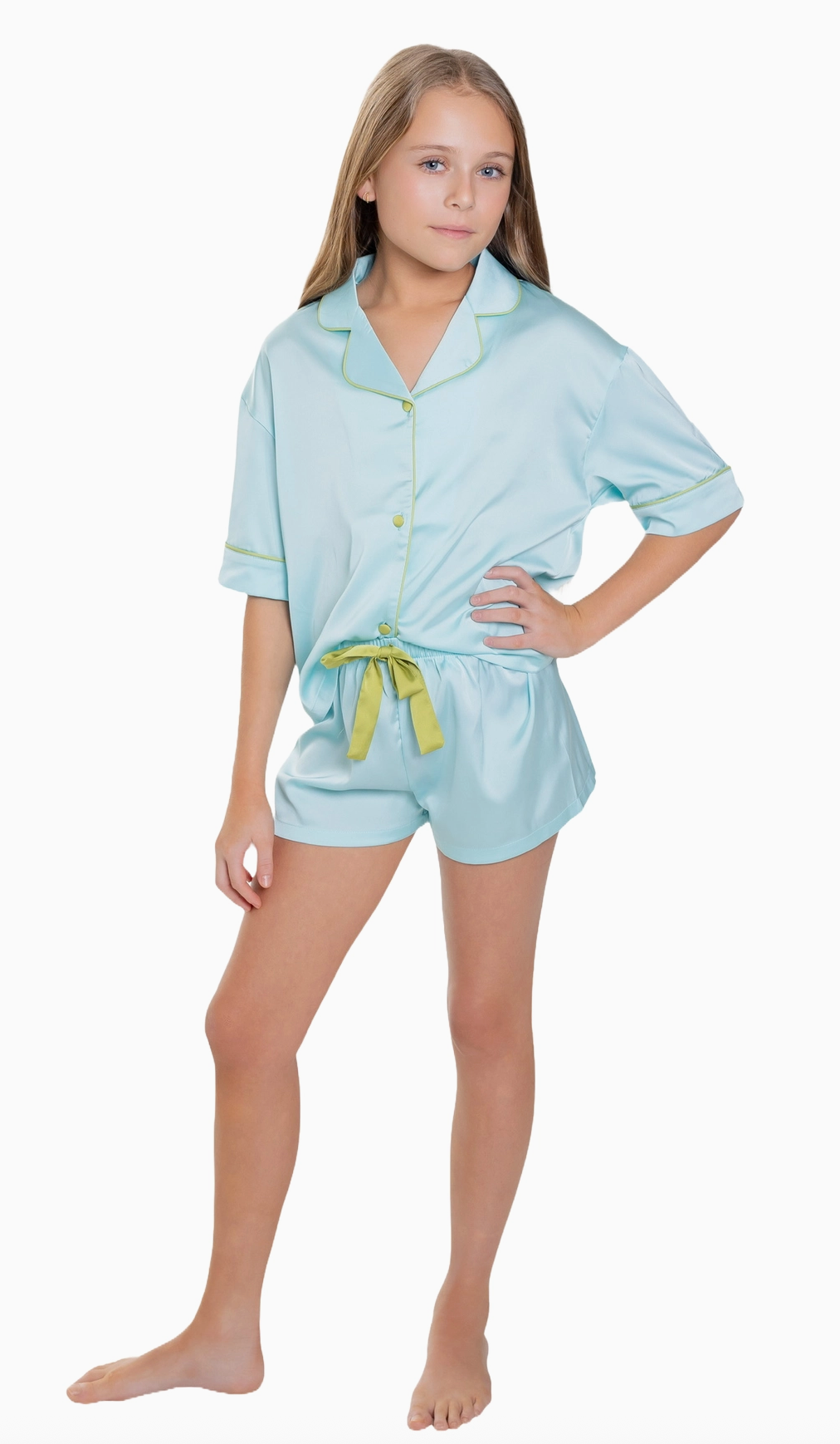 Silky Turquoise Short Sleeve Pajama Set - Tween