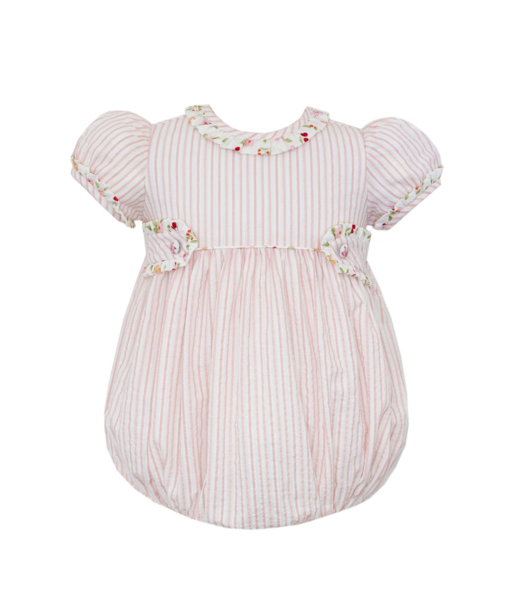 GROUP 4 - Pink seersucker stripe bubble w/ tabs and floral ruffle collar (3003F-CS27)