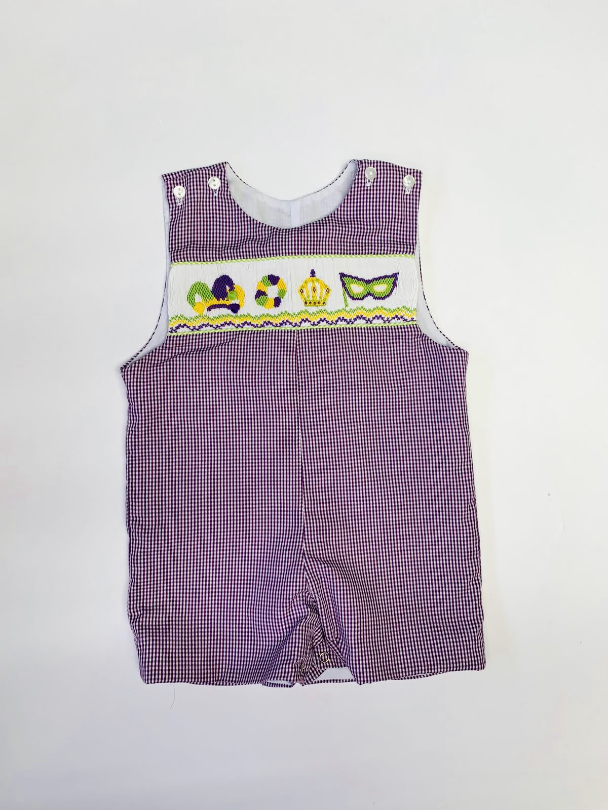 Mardi Gras Carnival Smocked Boy Shortall Lavender
