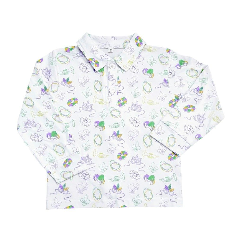 Long Sleeve Polo in Mardi Gras Print