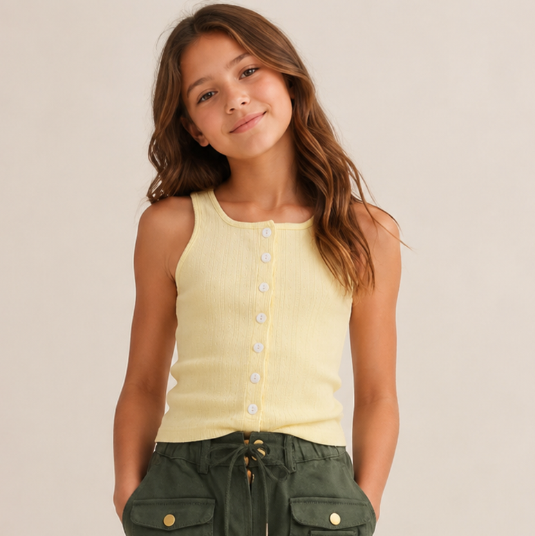 Pointelle Button Front Tank - Yellow - Tween