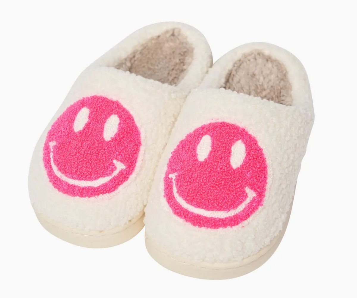 Girls Plush Smiley Face Slippers - Hot Pink