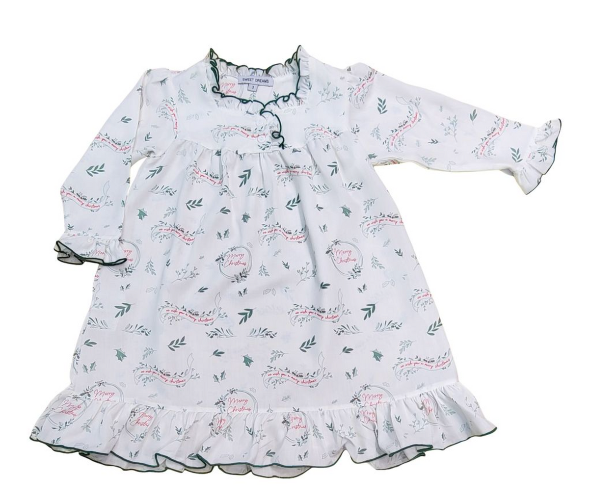 Merry Christmas Print White W/ Green Trim Gown