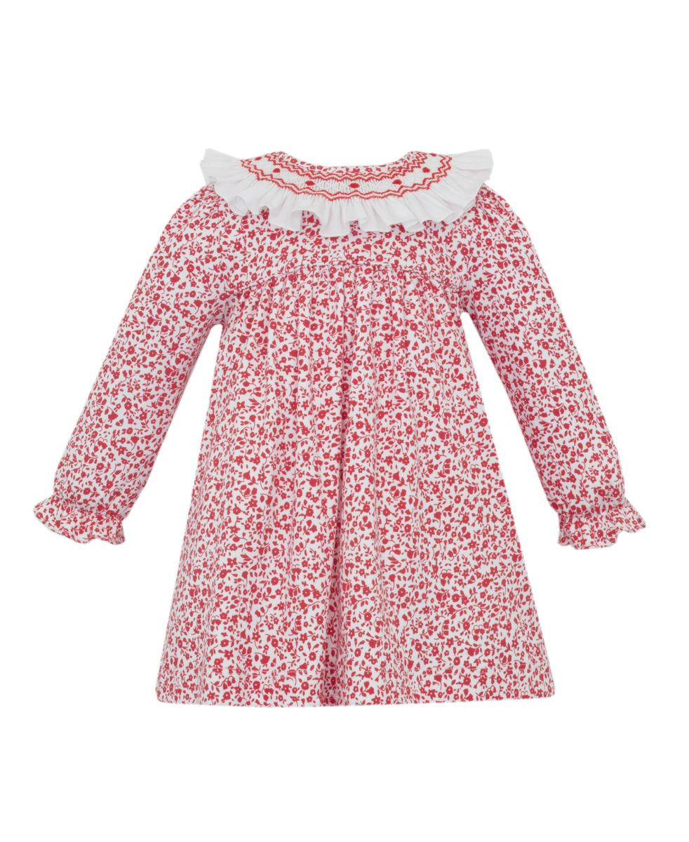 Holly - Red & White Liberty Print Girl's Dress w/Smocked Collar L/S 406DL