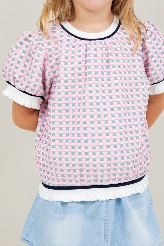 Puff Sleeve Checkered Print Top 10012K