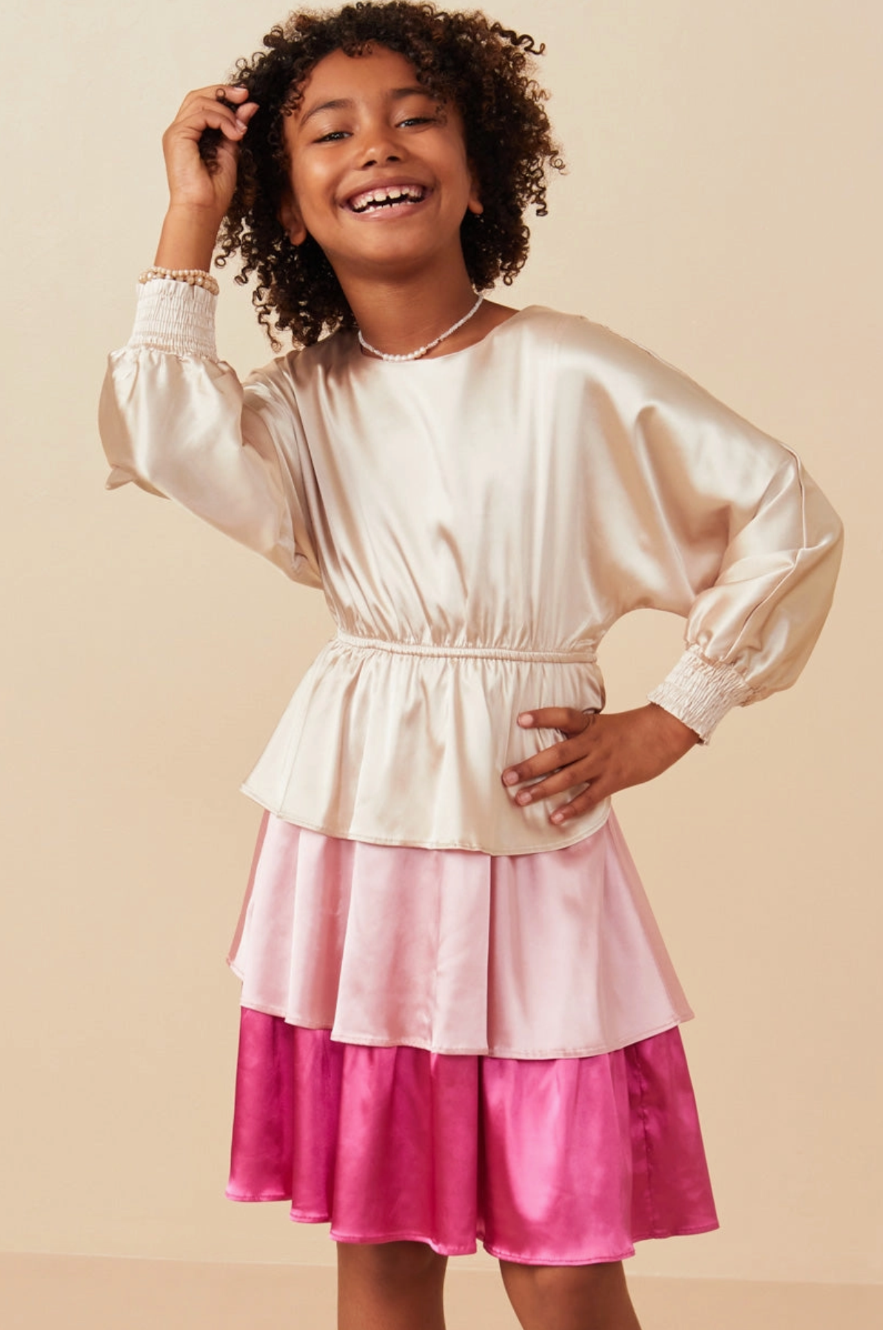 Color Block Tiered Skirt Satin Dress - Pink Mix - Tween