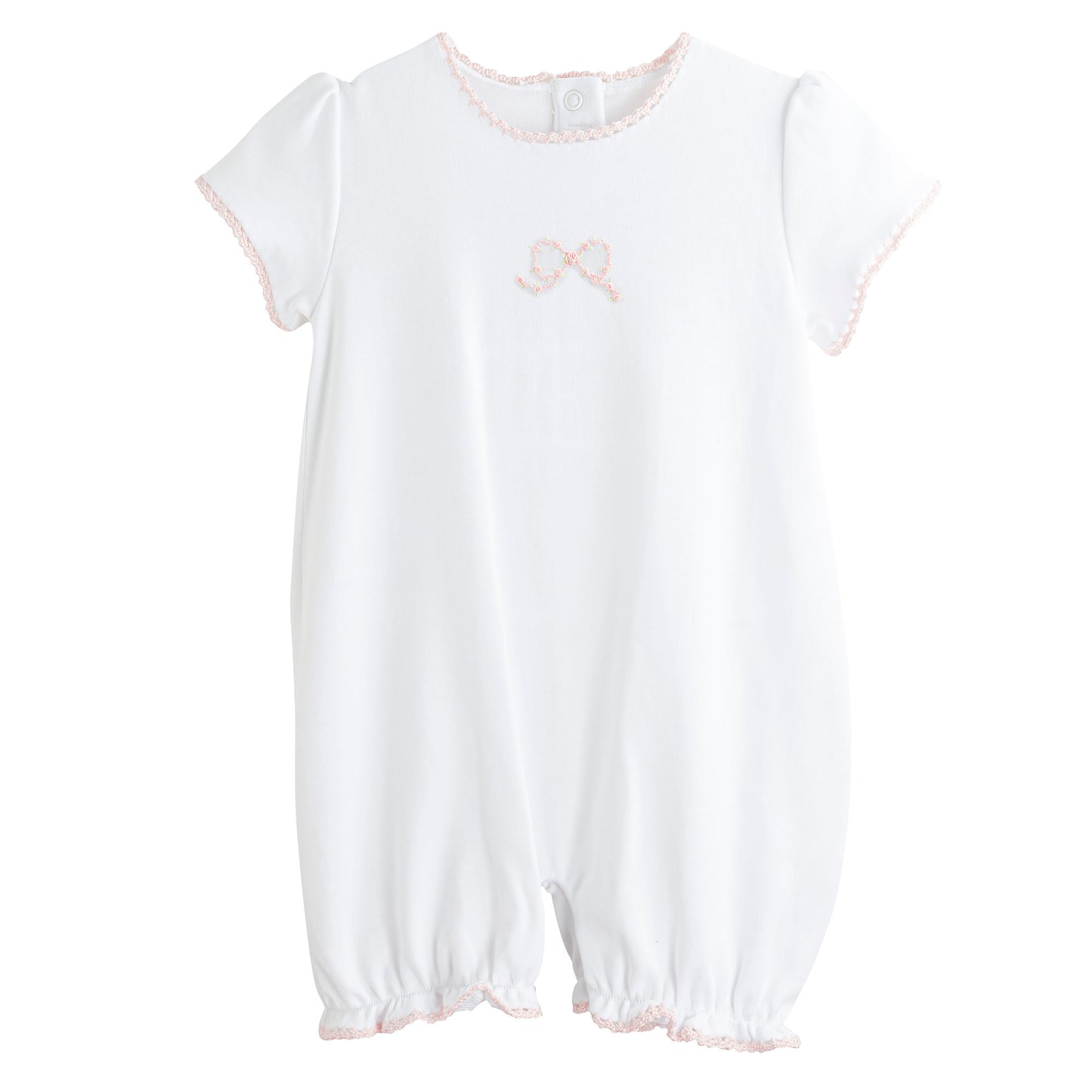 pretty bows romper w/crochet trim