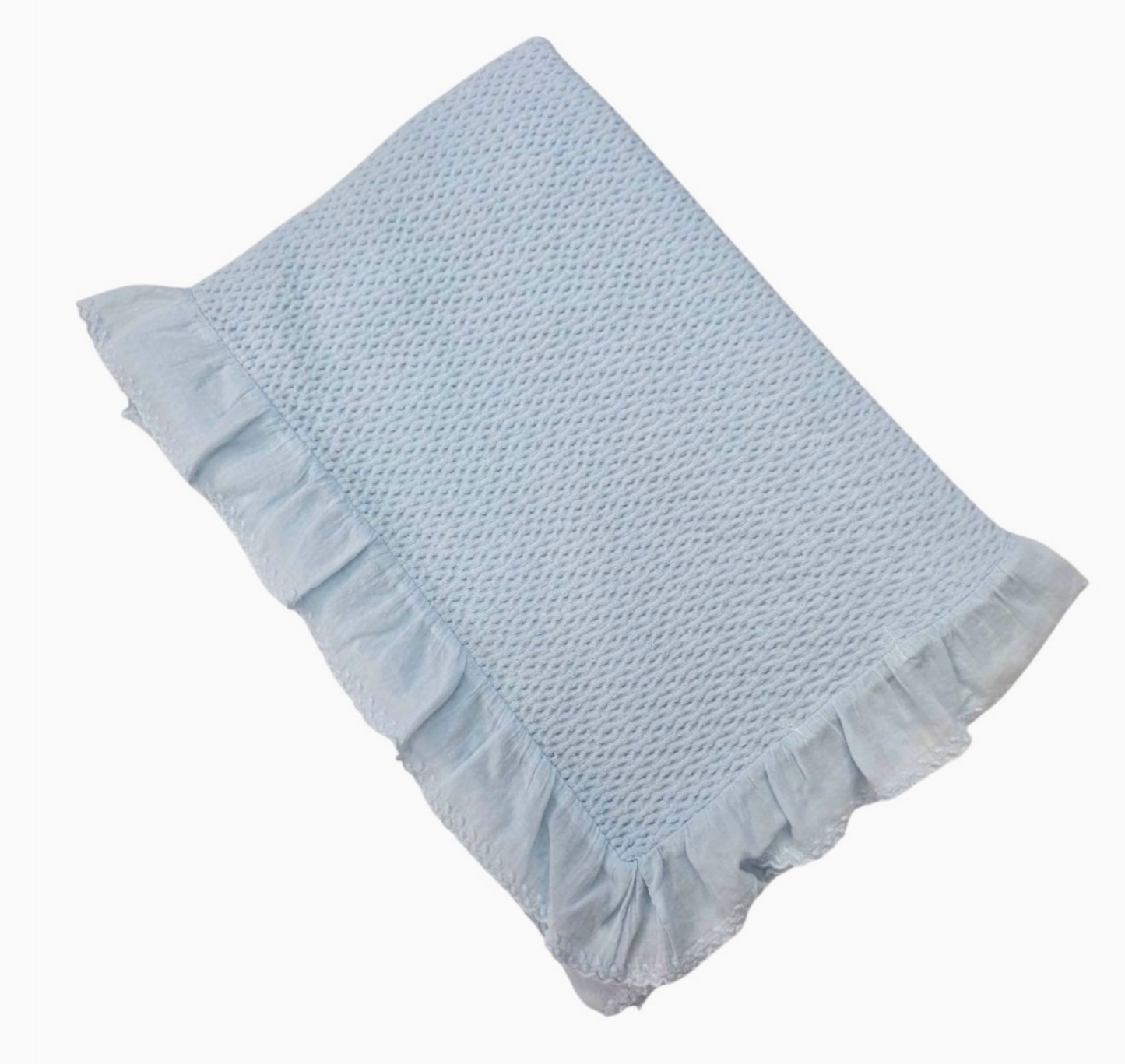 Stonewashed Puckered Blanket with Dotted Swiss Ruffle Blue