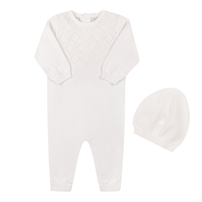 6020 Lux Pointelle Knit Romper w/ Hat - White