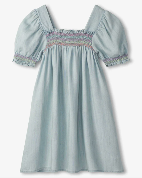 Soft Blue Denim Puff Sleeve Smocked Dress