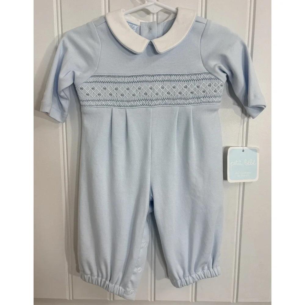 Oliver - Solid Lt. Blue Knit Boy's Long Romper 40312N