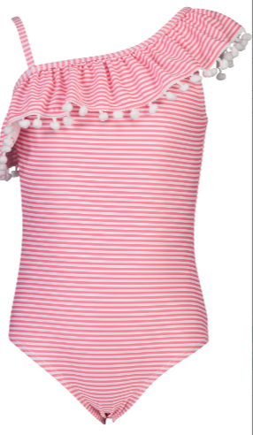 Red & White Stripe One Shoulder Frill Swimsuit