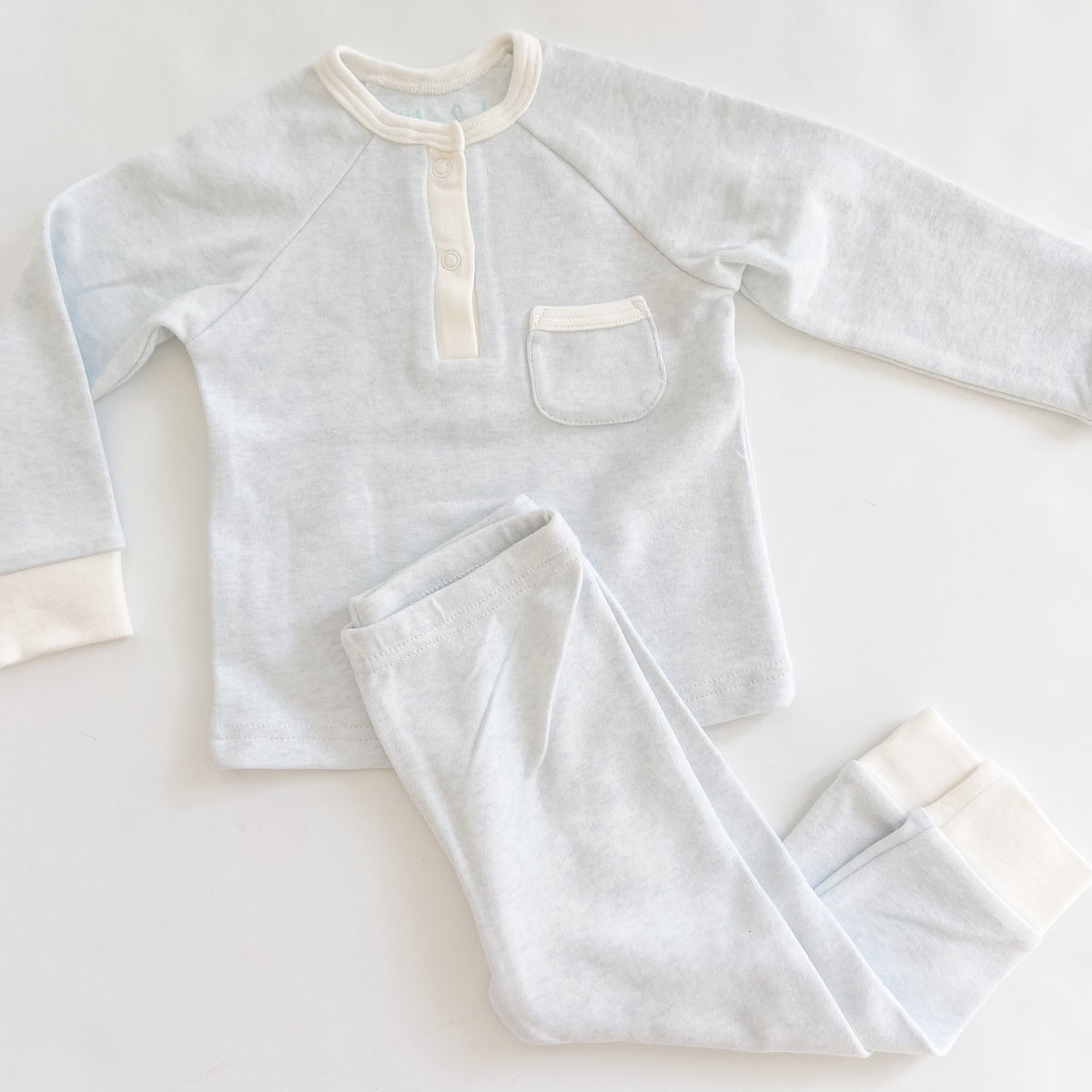 2 PC Cotton Rib Play Suit Light Heather Blue Cream Trim
