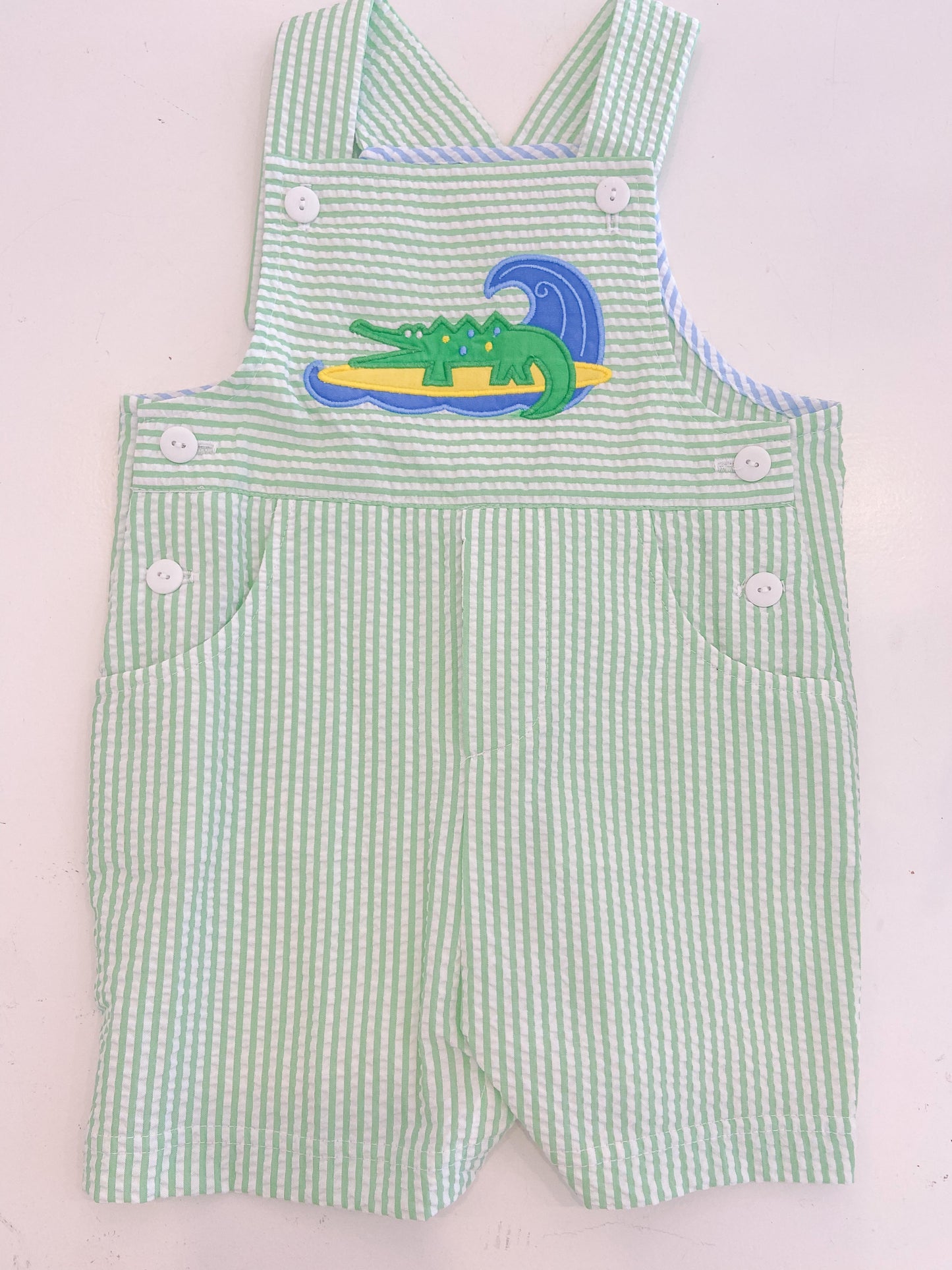 Seersucker Shortall with Surfing Alligator