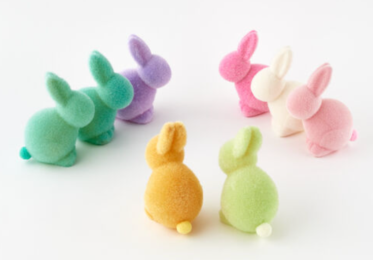 Flocked Pastel Seated Bunny w/ Pom Pom Tail