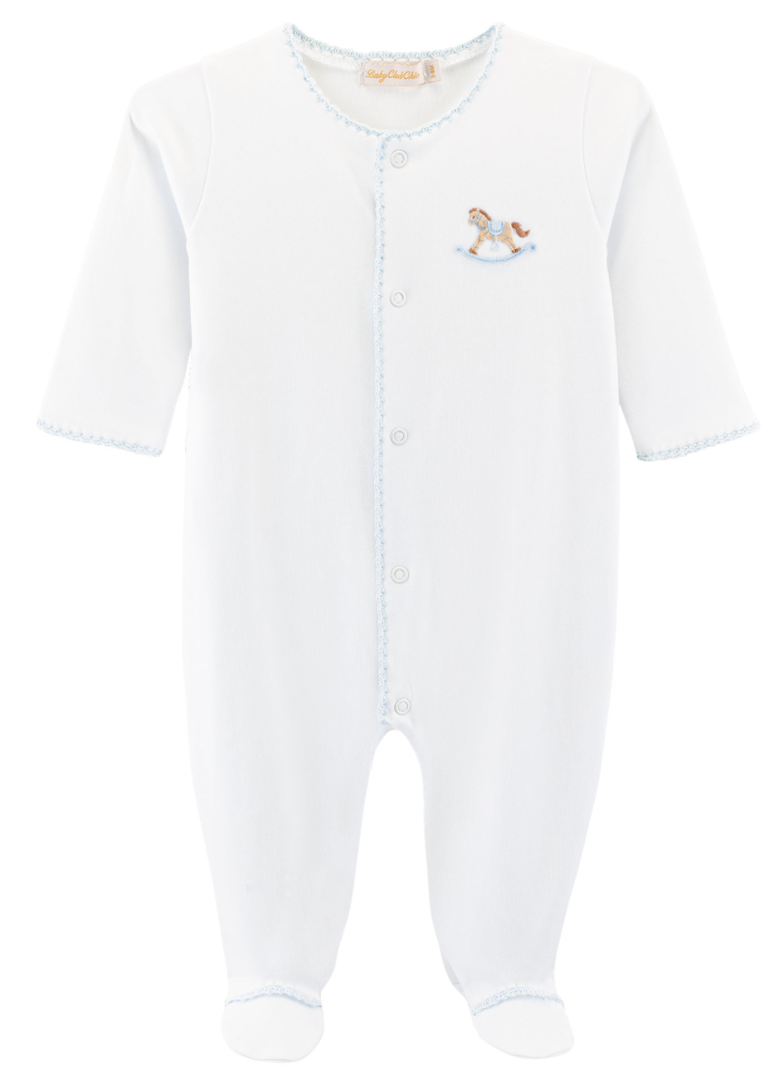 cute rocking horse blue embroidered footie with crochet trim