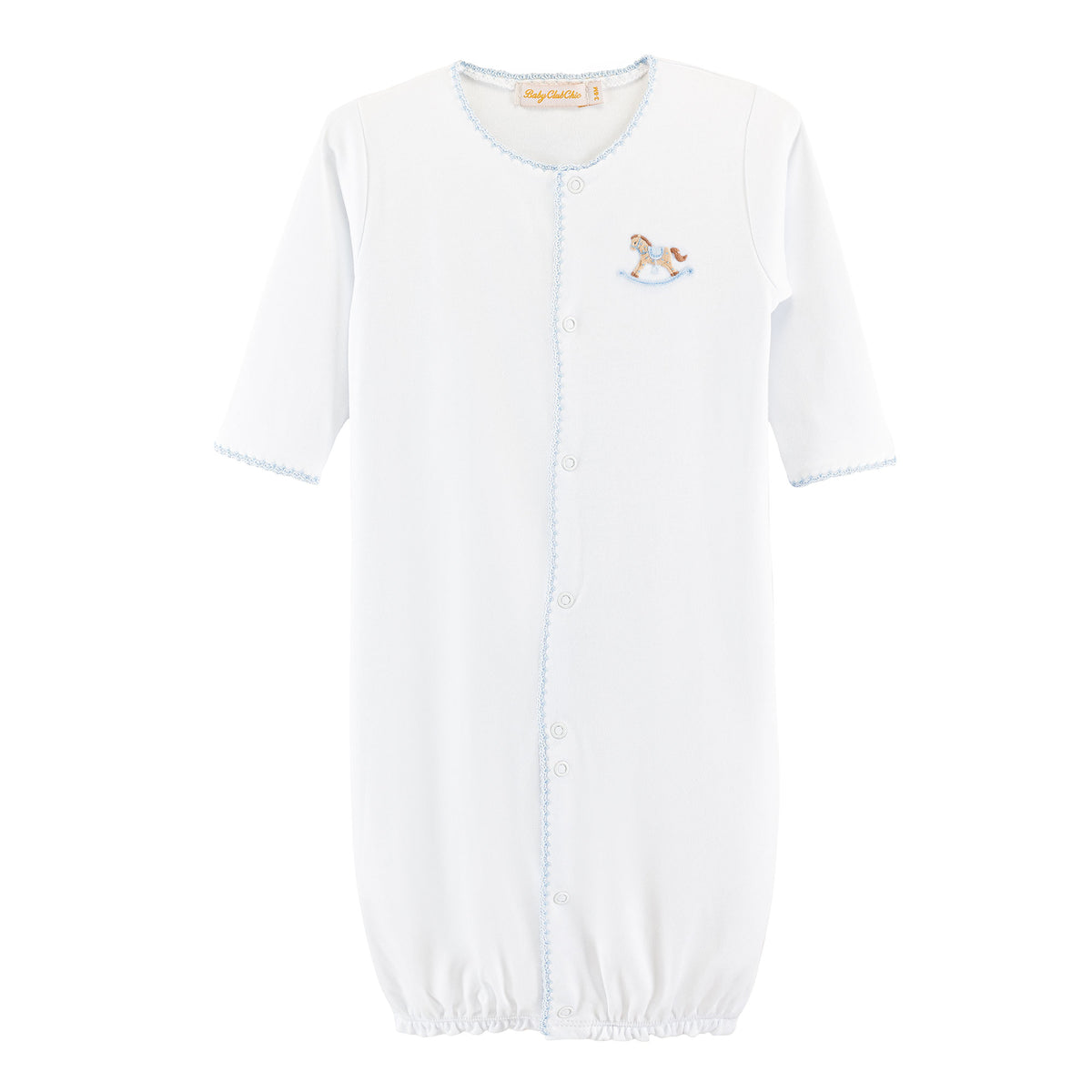cute rocking horse Blue embroidered convertible gown with crochet trim