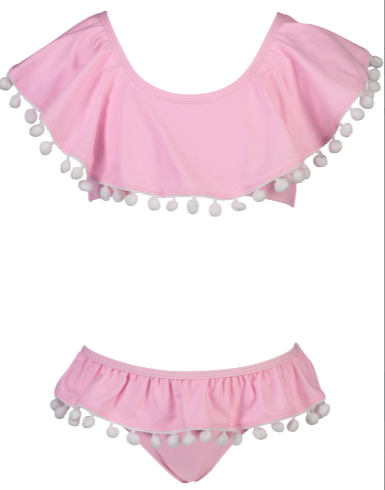 Pink Pom Pom Shoulder Flounce Two Piece