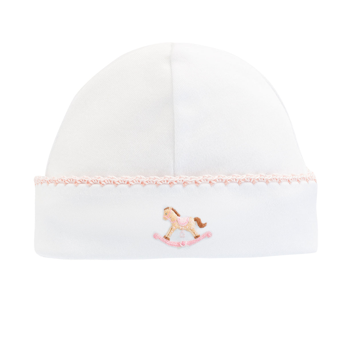 cute rocking horse Pink round hat w/crochet trim