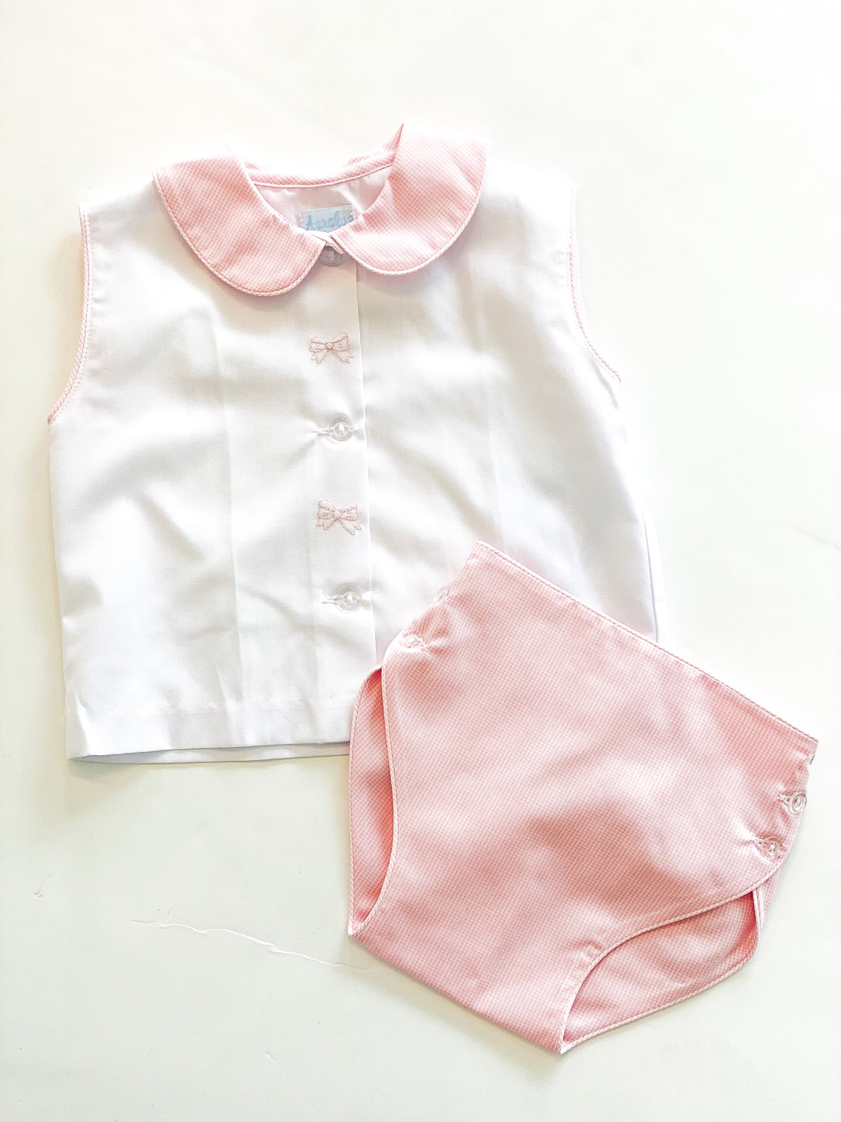 Sleeveless Diapet Set - Pink Bow w/ microcheck
