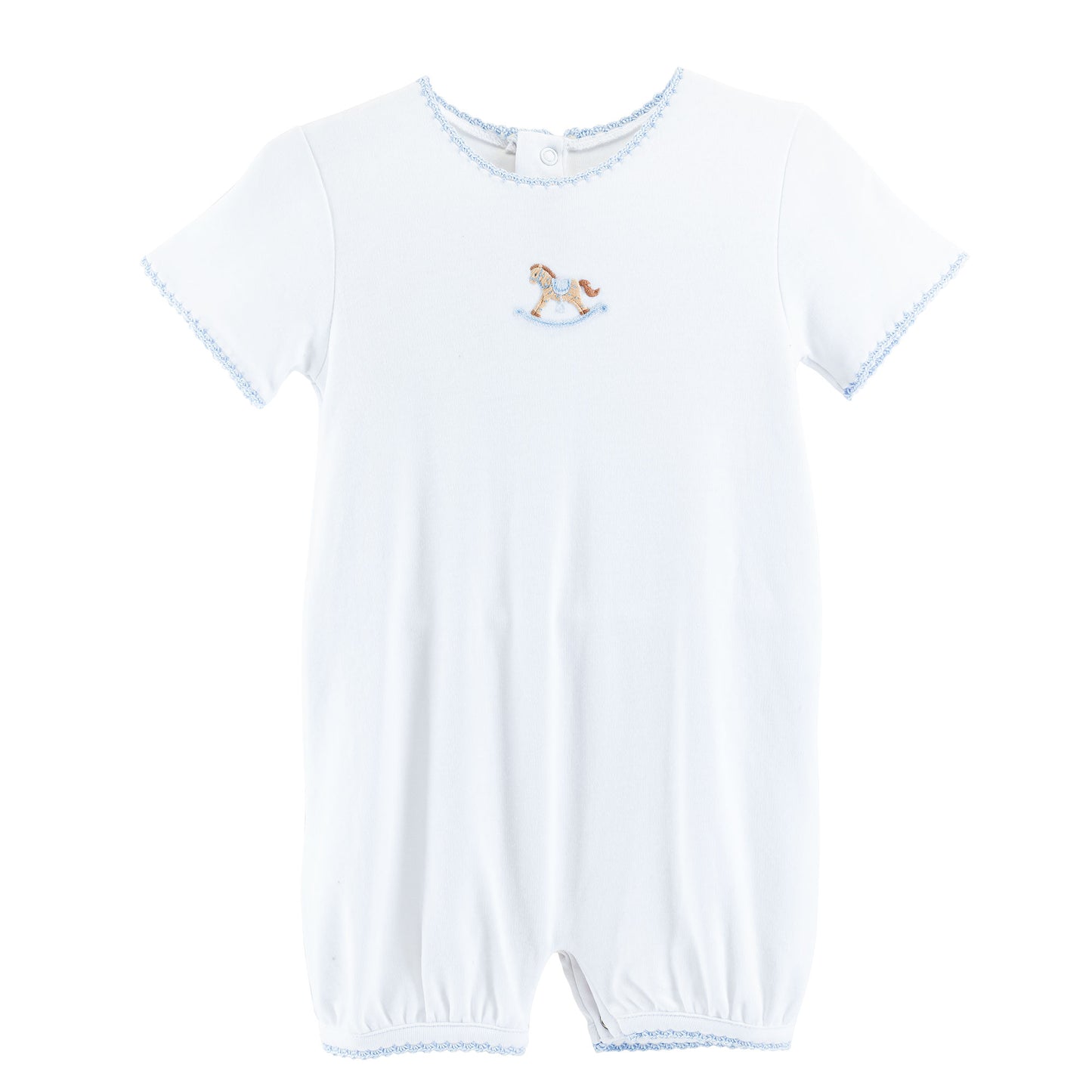cute rocking horse Blue embroidered romper with crochet trim