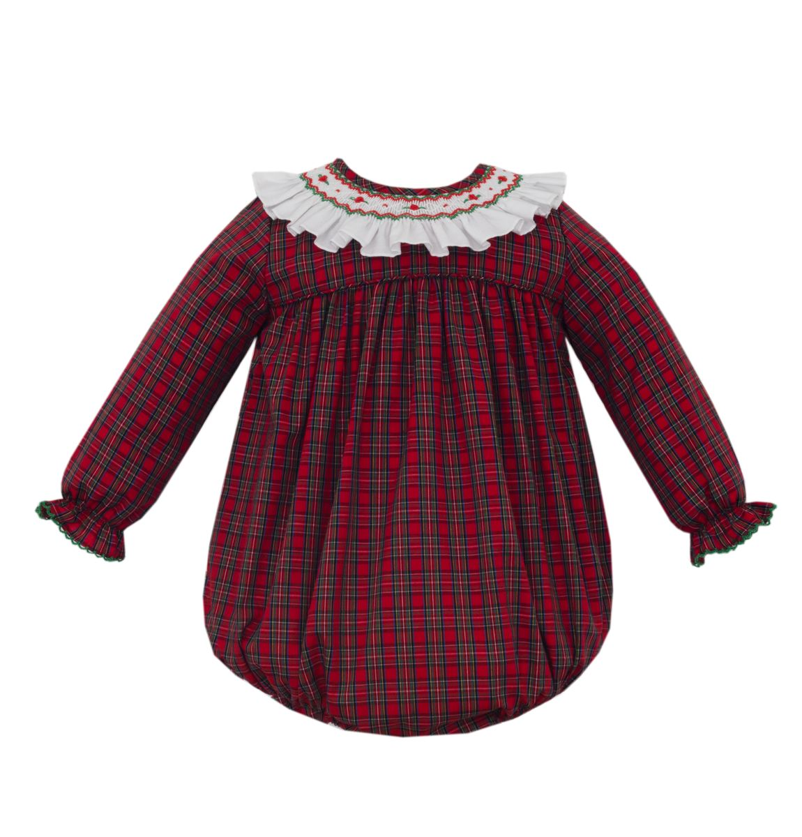 Catherine - Red Plaid Girl's Short Bubble w/ Smocked Collar L/S 111F