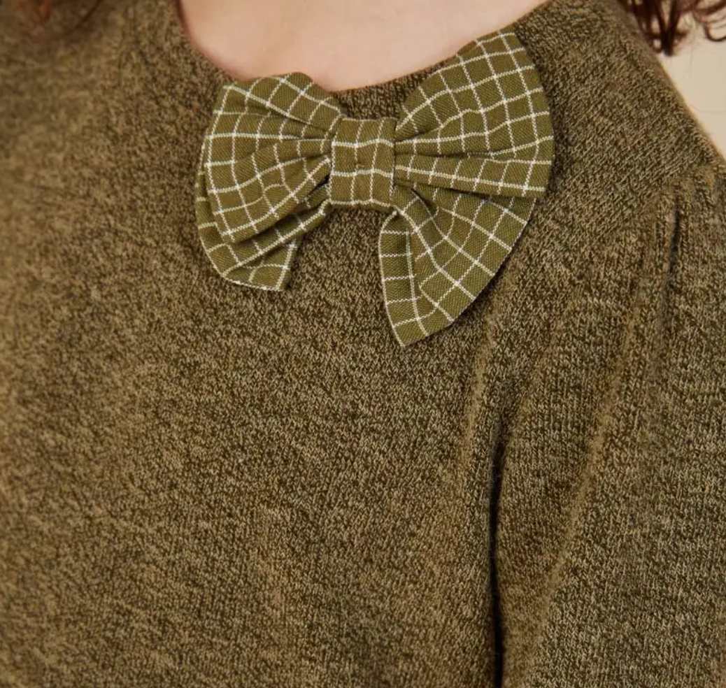 Contrast Plaid Bow Textured Knit Top Olive - Tween