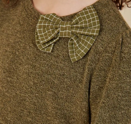 Contrast Plaid Bow Textured Knit Top Olive - Tween