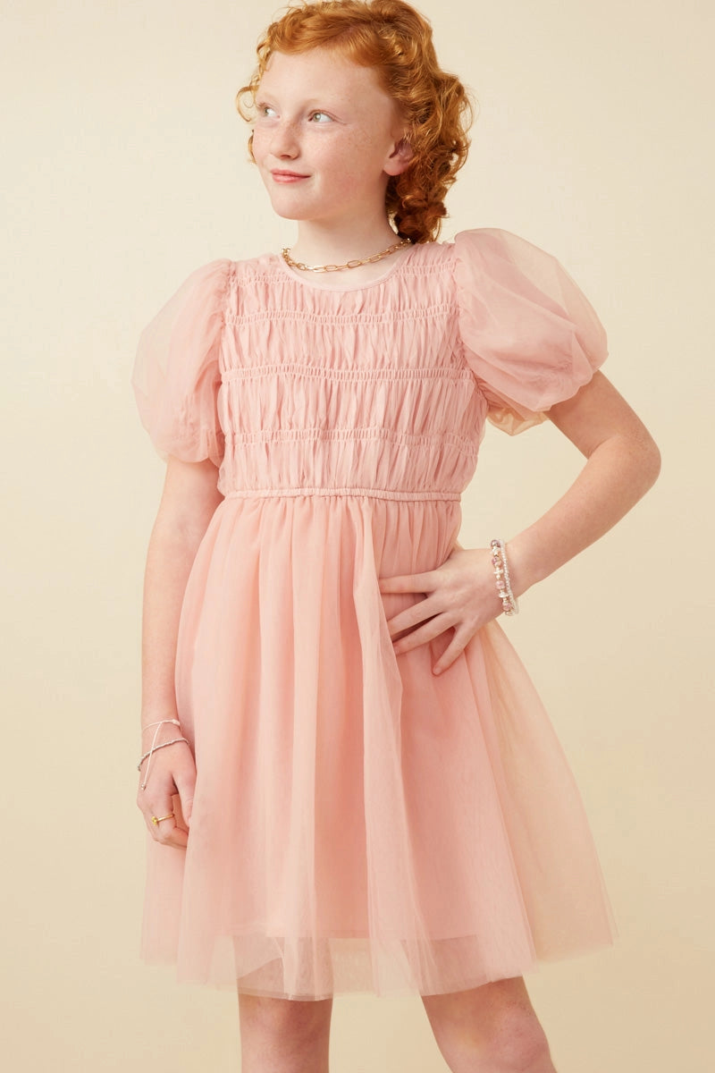 Smocked Puff Sleeve Mesh Dress - Blush - Tween
